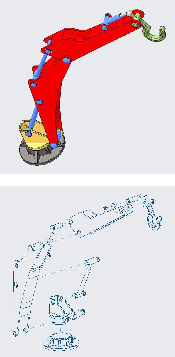 Top: Hydraulic crane assembly Bottom: Its corresponding Exploded view with explode lines indicating the component’s original placement